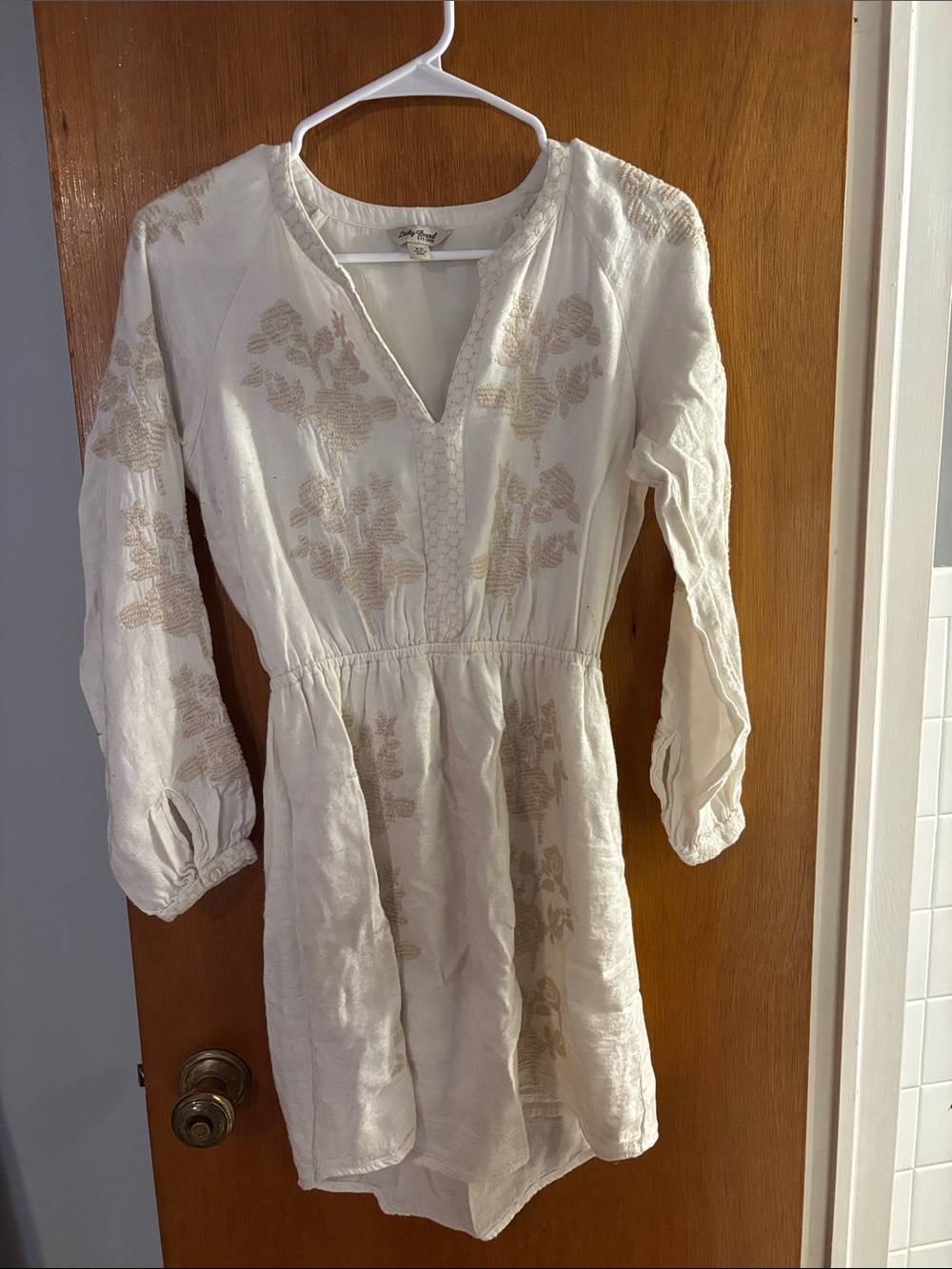 Lucky Brand Cream Long Sleeve Embroidered Boho Dress